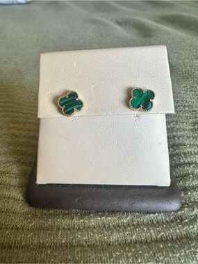Green Clover-Shape Stud Earrings with Gold Accents